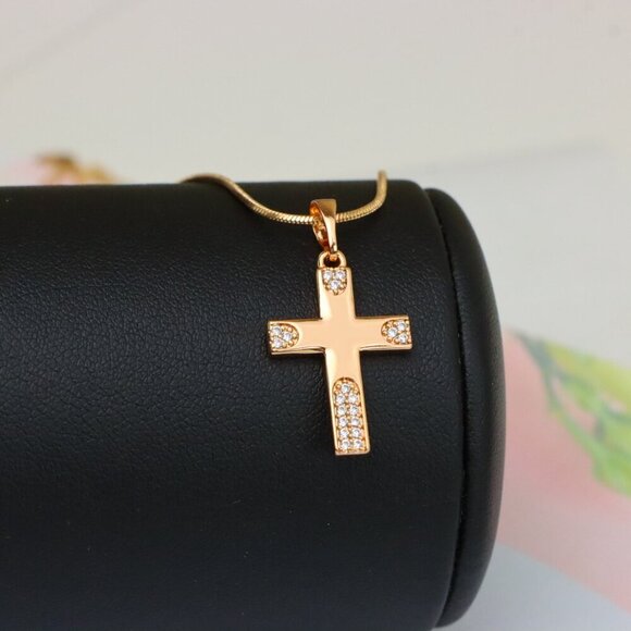"Rose Gold Cross Pendant with Crystal Accents on Polished Surface, XPPT1611 - Picture 6 of 13